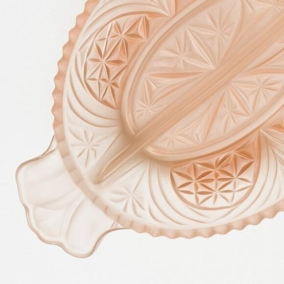 VTG Glass Divided Relish Dish Pink Satin Oval Frosted Starburst Serving Tray - Picture 8 of 13